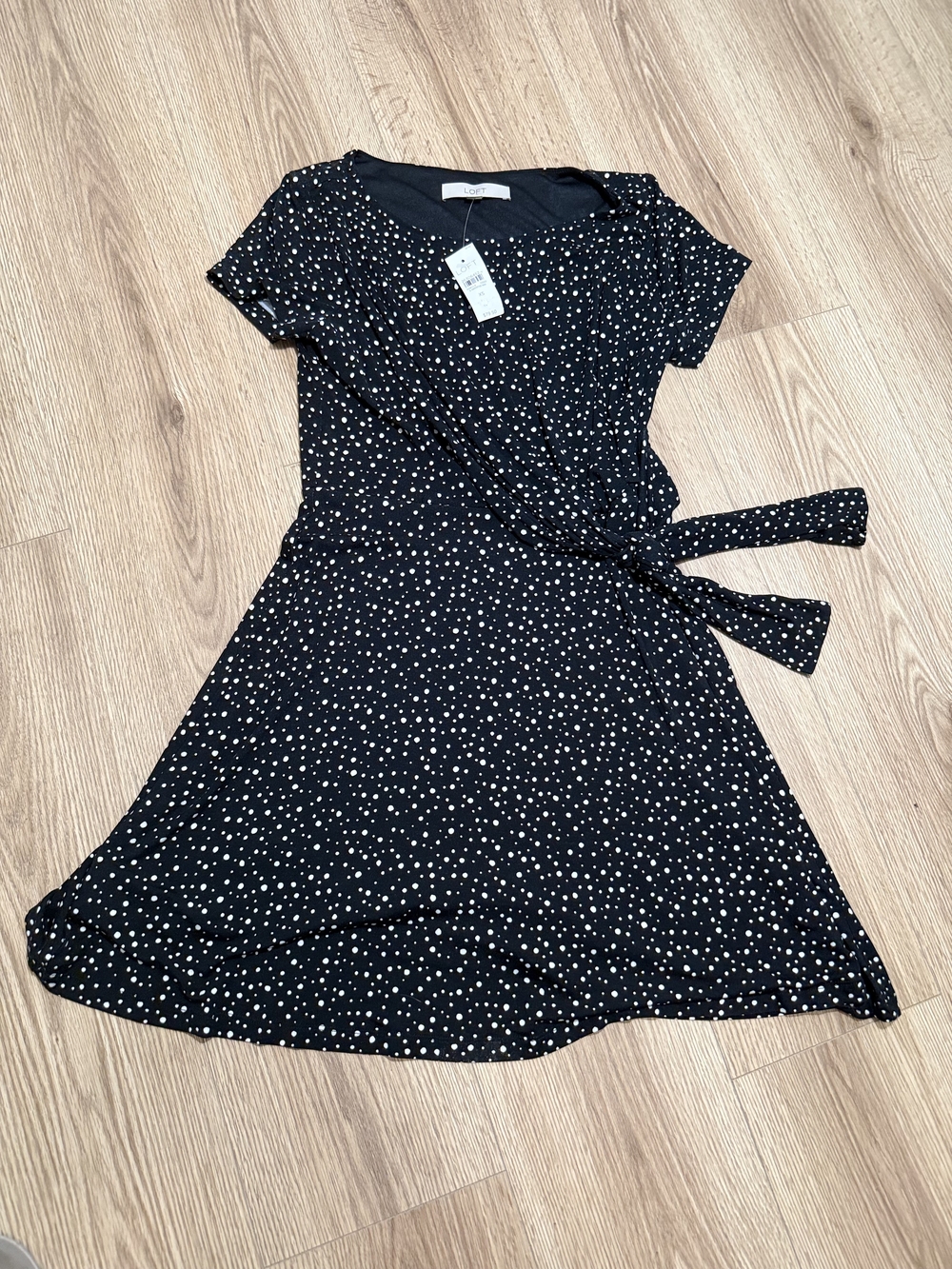Loft Fashion Black Dress with White Dot Print, Midi Wrap Style